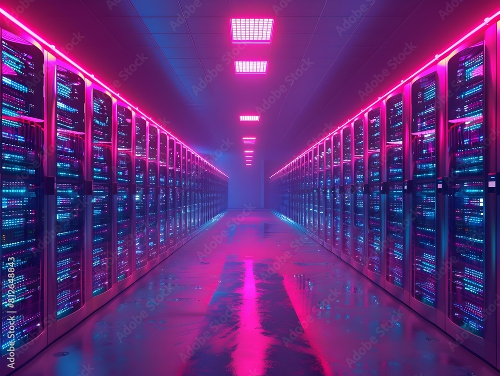 Poster futuristic cloud data center with endless rows of servers storing exabytes of information technology