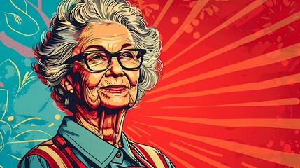 A woman with glasses and a red background