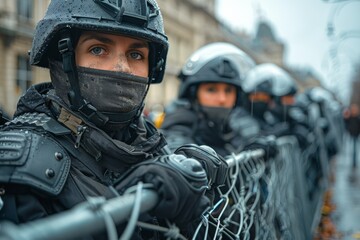 Obraz premium Equipped police officers lining up with a barbed wire fence, maintaining public order