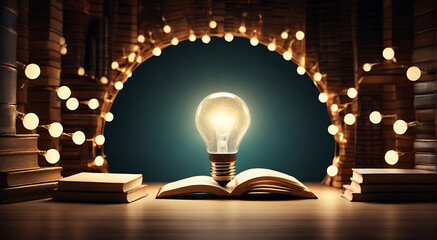A glowing light bulb in the middle of books aligned in circular pattern, Ideas and knowledge concept, with copy space, fake knowlegde