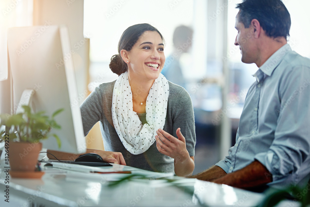 Fototapete planning, teamwork or training with employee and mentor in office together for discussion. business,