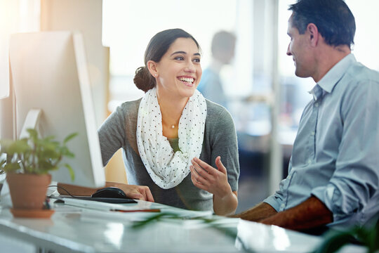Planning, teamwork or training with employee and mentor in office together for discussion. Business, collaboration and computer with manager talking to person in workplace for learning or support