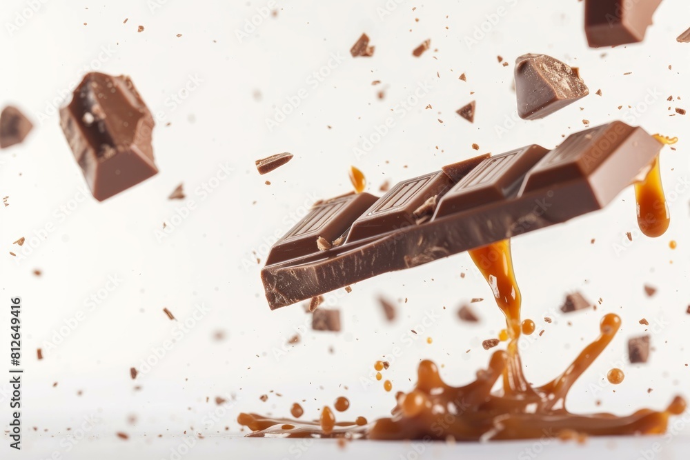 Poster dynamic image capturing pieces of chocolate in mid-air with caramel splashing around