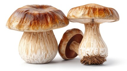 Three brown mushrooms of different sizes sit together on a white background.