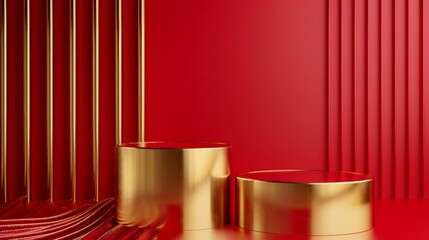 Two Gold Cylinders on Red Background