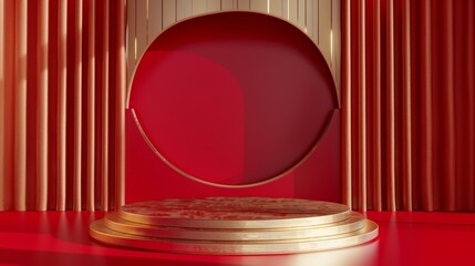 Elegant Golden Podium Against Red Curtain