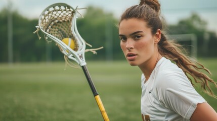 White woman  practicing lacrosse sport, person is focused and enjoying the sport, sports photography, generative ai