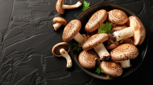 Organic brown mushroom with parsley on a black stone background. Top view, flat lay.