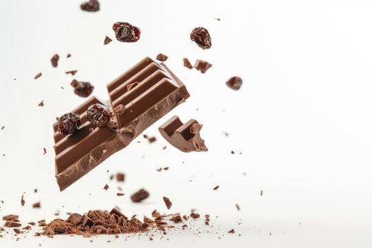Exquisite chocolate bar with raisins suspended in mid-air, surrounded by shavings on a white background