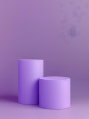 3D rendering purple colour minimal concept double cylinder pedestal or podium for product showcase display on empty background. 3D mockup illustration. Generative Ai.