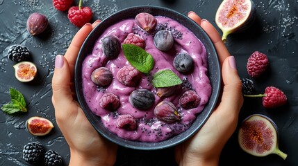 Acai berry smoothie bowl topped with figs, raspberries, and chia seeds