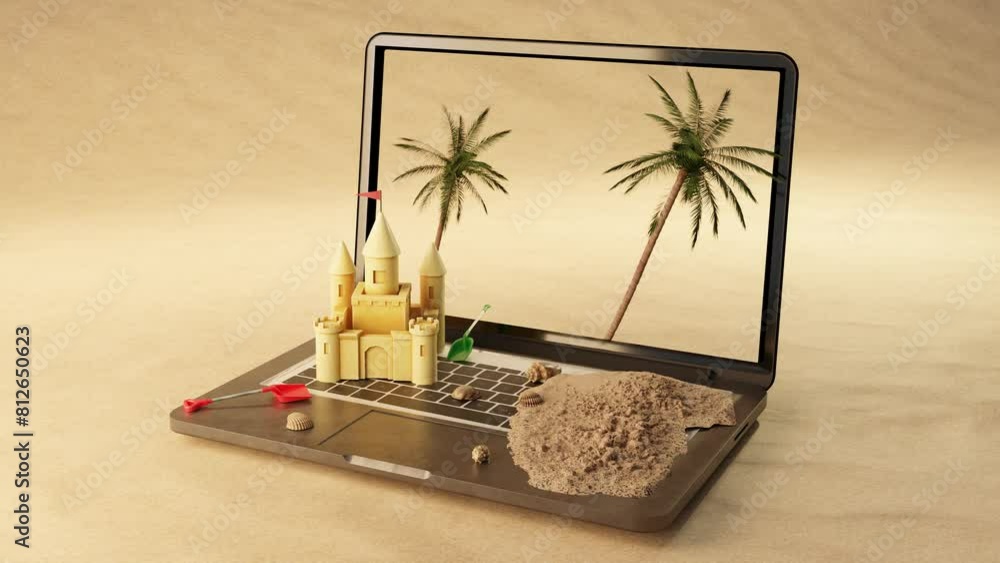 Poster 3d animation of open laptop with with green palm trees and castle near soil