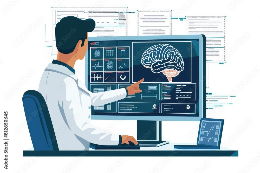 Poster a man sitting in front of a computer screen with a brain scan displayed. ideal for medical and techn