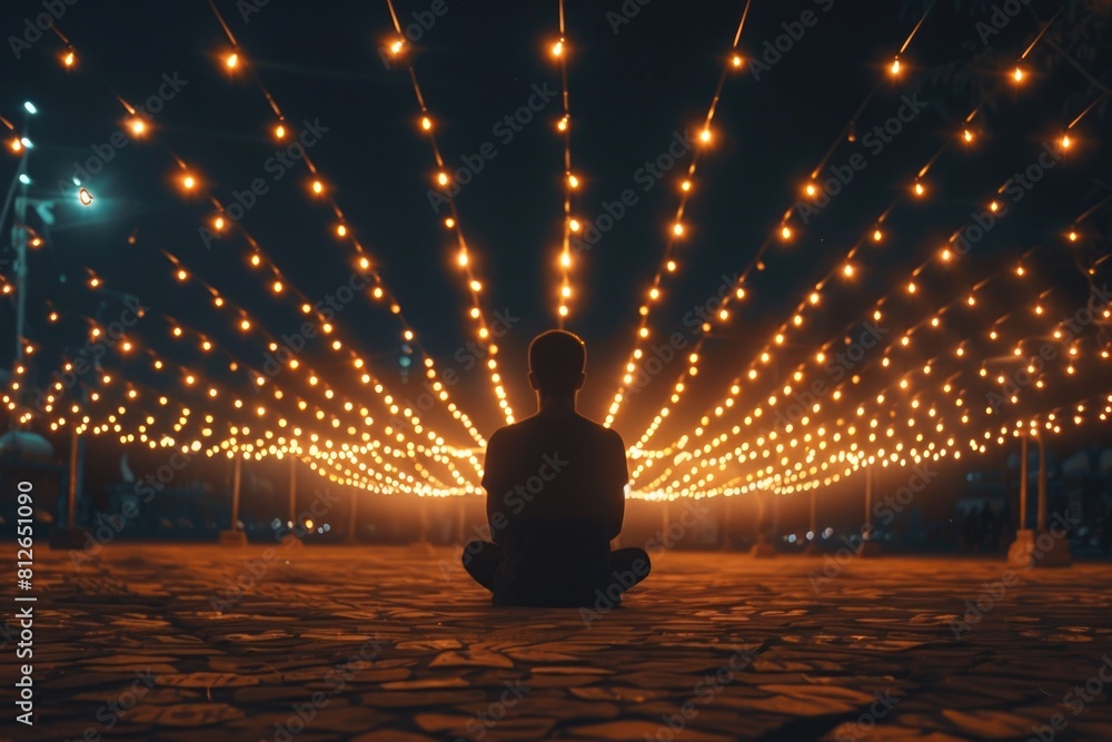 Poster a person sitting on the ground in front of a string of lights. ideal for adding a cozy atmosphere to