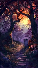 Mystical Autumn Forest Path Leading to Enchanted Twilight Landscape with Glowing Lights and Eerie Atmosphere