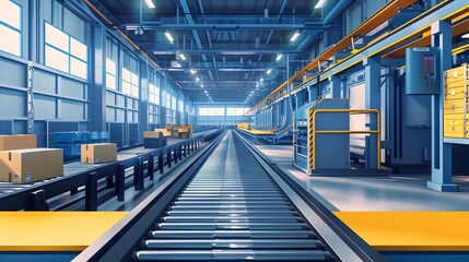 Fototapeta premium Modern Automated Factory Warehouse with Conveyor Belt and Stacked Boxes