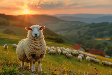 Fototapeta premium sheep with a farm landscape