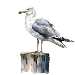 A watercolor painting of a seagull standing on a piling. The seagull is gray and white with a black beak and feet. The piling is brown and gray. The background is white.