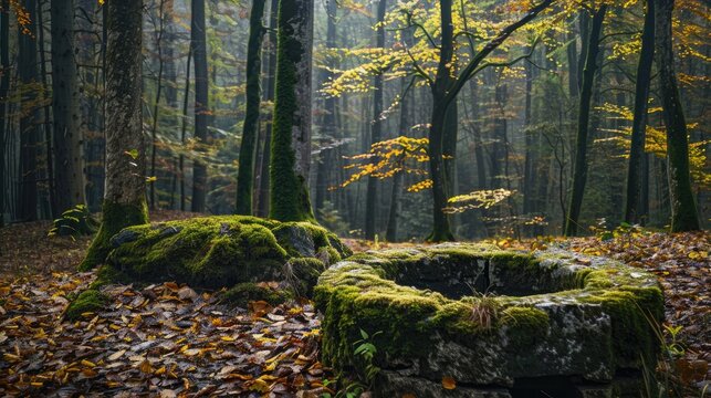 Autumn forest featuring a moss covered stone well