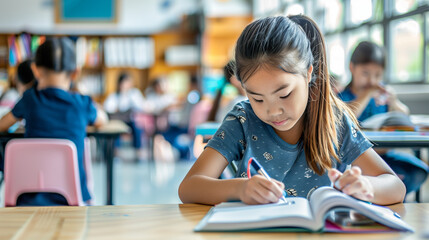 education and school concept little student girl studying at school.