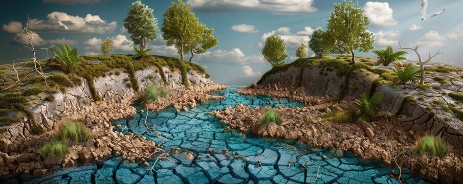 A dry, cracked riverbed snaking through a once lush rainforest, where withered flora and fauna struggle to survive