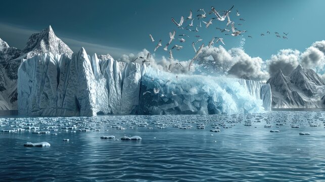 A glacier calving into the ocean as stranded wildlife watch from shrinking shores