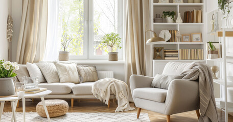 Modern home interior with a beige sofa, armchair and bookcase in light colors. Created with Ai