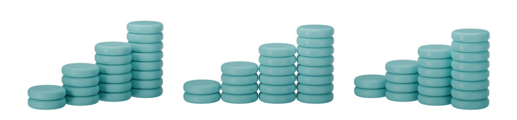 set of 3d coin graph on transparent background, PNG, 3d render plastic chip, turquoise coin chart