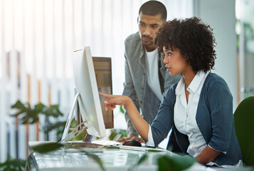 People, office and computer for research with teamwork and collaboration as web developers....