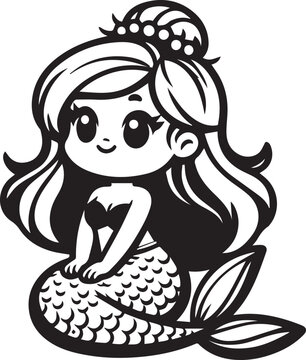 recommend clip art: Cute beautiful mermaid sitting smiling vector silhouette illustration. Stylized mermaid sitting on a rock illustration design