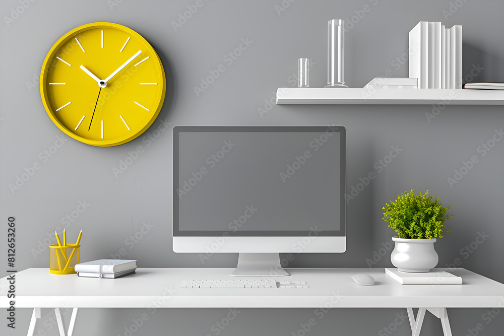 Poster a computer desk with a yellow clock on the wall and a white computer monitor. the desk is well organ
