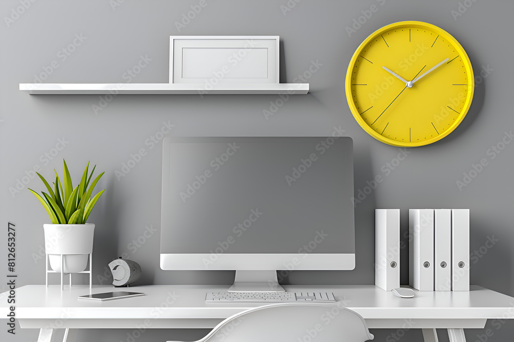 Poster a computer desk with a yellow clock on the wall and a white computer monitor. the desk is well organ