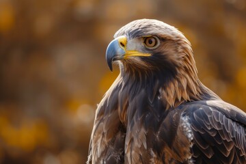 Naklejka premium Close-up detailed portrait of a majestic golden eagle, a powerful bird of prey with sharp gaze and elegant plumage, in the wild against an autumn background, showcasing its fierce and keen eyesight