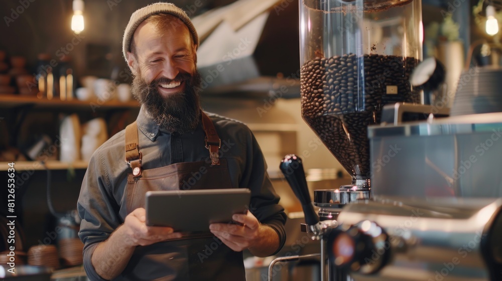 Poster a man with a beard using a tablet, suitable for technology concepts