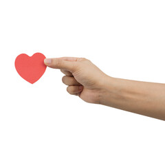 close up man hand hold red heart shape to give to some one or offering isolated on background for...