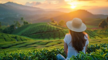 Woman in a hat standing in a tea plantation. Suitable for travel and nature concepts