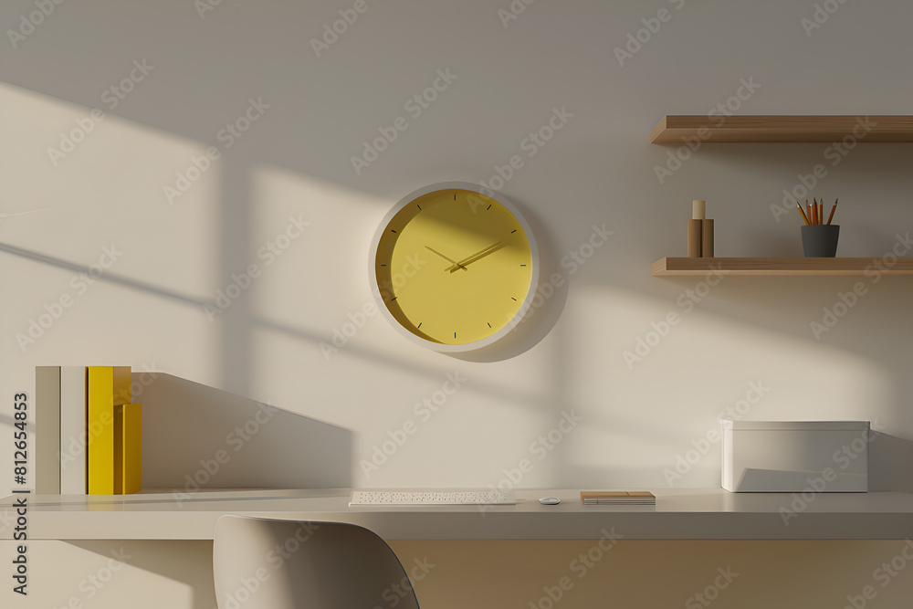 Poster a yellow clock on a wall above a desk with a chair and a computer. the desk is empty except for a fe