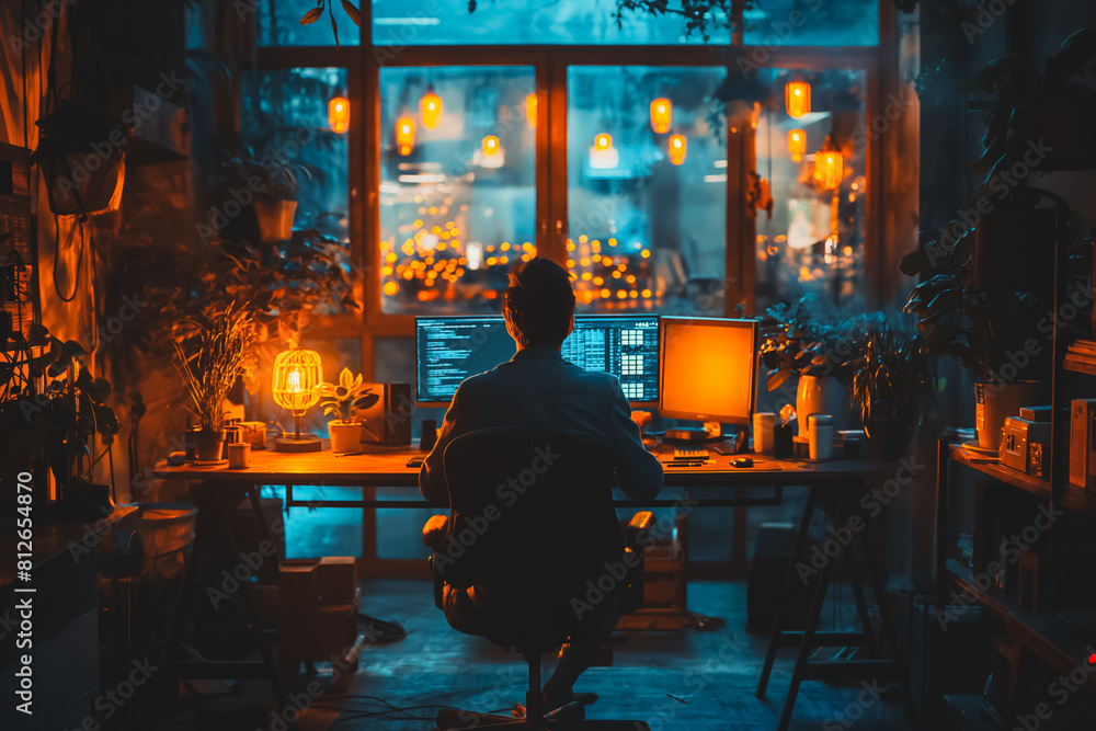 Poster a man is sitting at a desk with two computer monitors in front of him