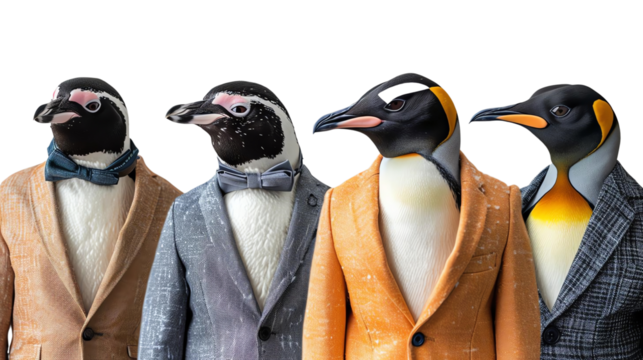 Four penguins in suits with different color and pattern. isolated on a transparent background.