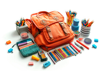 3D illustration of a backpack full of school supplies including pencils, pens, and markers