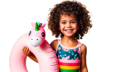 Joyful young girl with curly hair, holding a pink unicorn float, wearing a floral and rainbow-striped swimsuit. Perfect for summer fun, pool parties, and children’s products. PNG, transparent backgrou