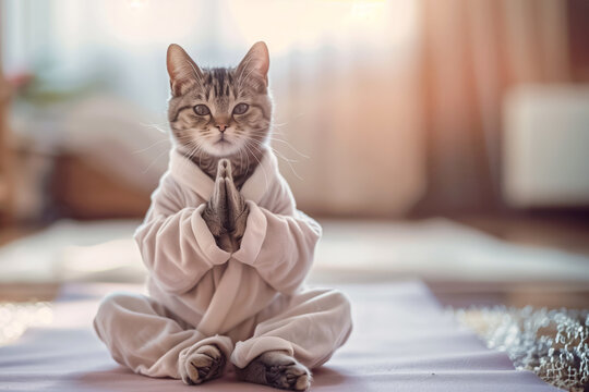 Tabby cat in a meditation pose wearing a robe in a peaceful setting.