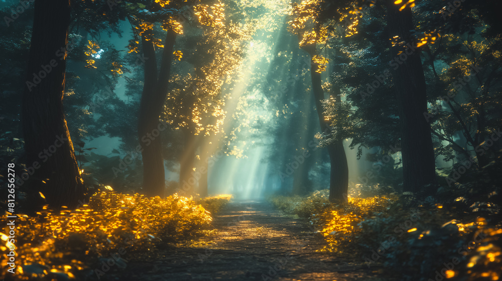 Poster a forest path is illuminated by the sun, creating a warm and inviting atmosphere