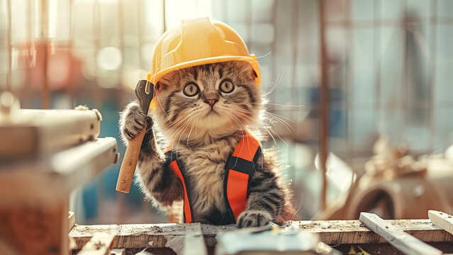 Kitten in a hard hat and safety vest holding a hammer at a construction site.