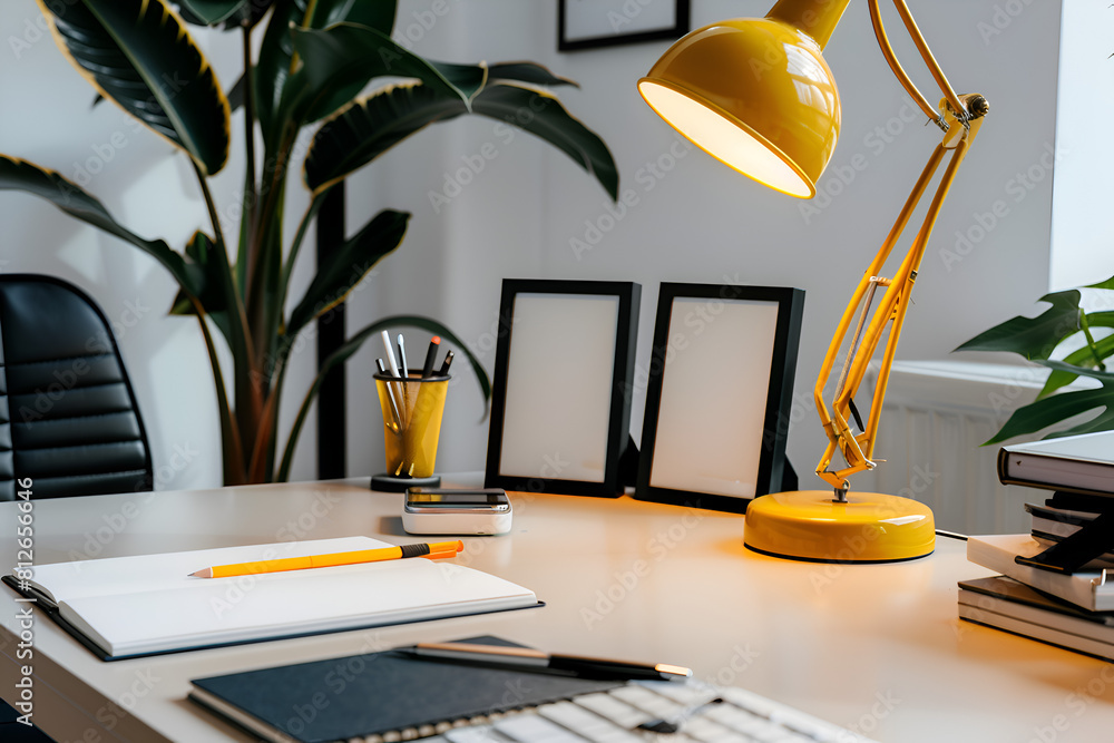 Poster a yellow lamp sits on a desk with a white notebook and a black chair. the desk is cluttered with boo