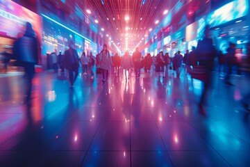 Fototapeta na wymiar Bustling airport scene with crowds of people walking under vibrant, colorful overhead lights