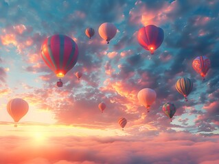 Obraz premium Vibrant Hot Air Balloons Soaring in Ethereal Morning Sky with Glowing Clouds and Serene Atmosphere