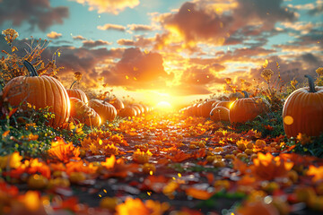 A forest full of pumpkins with glowing jack o' lanterns and leaves, bathed in the warm glow of sunlight. Created with Ai - Powered by Adobe