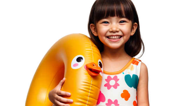 Bright young girl with a beaming smile, clutching a yellow duck float, dressed in a colorful floral swimsuit. Ideal for summer, swimming lessons, and kids' fashion. PNG, transparent background