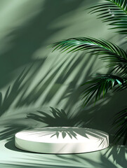 Fototapeta na wymiar Minimal abstract background for the presentation of a cosmetic product. Premium podium with a shadow of tropical palm leaves on a pastel green wall. Generative Ai.